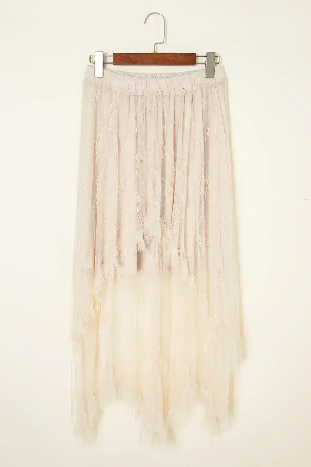 Beige Lace Cascading Tiered High Waist Maxi Skirt