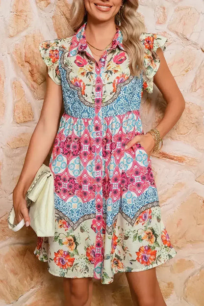 Rose Floral Ethnic Print Ruffle Mini Dress