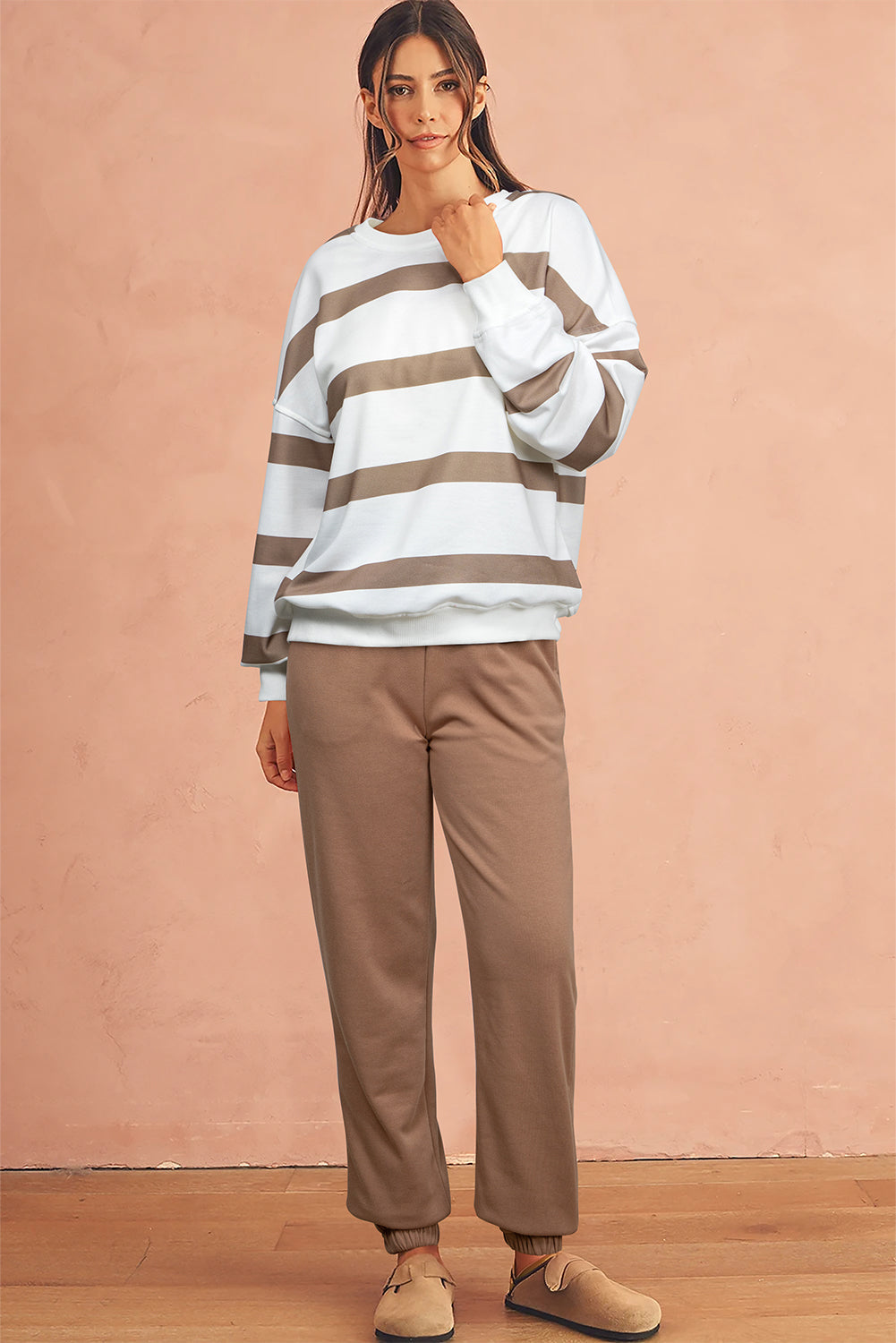 Light French Beige Striped Pullover and Joggers Set for Effortless Style