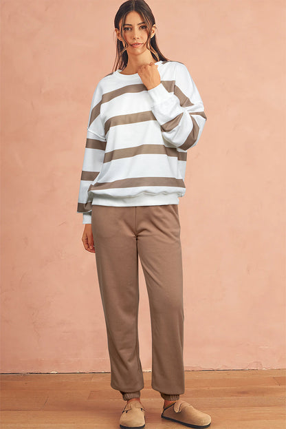 Light French Beige Striped Pullover and Joggers Set for Effortless Style