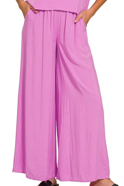 Zenana Round Neck T-Shirt and Wide Leg Pants Set in Mauve
