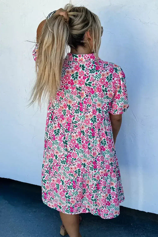Pink Plus Size Floral Half Button Puff Sleeve A Line Dress