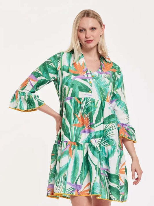 Cadenza Tropical Leaves Dress – Green White Orange Resort Style