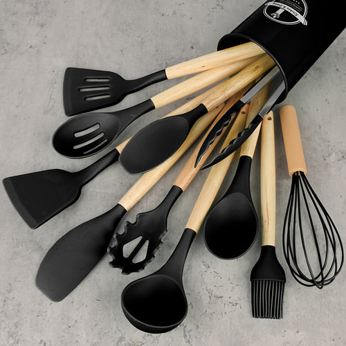 12Piece Silicone Kitchen Utensil Set with Wooden Handles