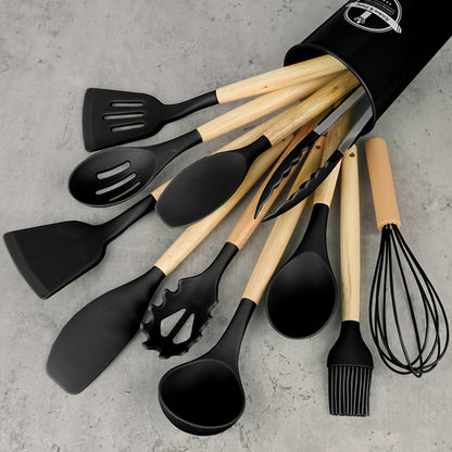 12Piece Silicone Kitchen Utensil Set with Wooden Handles