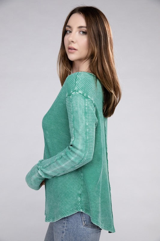 ZENANA Washed Baby Waffle Long Sleeve Top