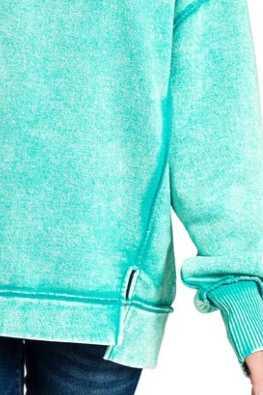 Zenana Acid Wash Exposed-seam Fleece Sweatshirt in Turquoise