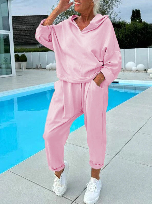 Solid Color Women's Sweatsuit Two-piece Hooded Set