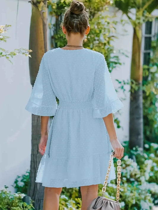 Swiss Dot Dress with Flare Sleeves - Mini Wrap Style