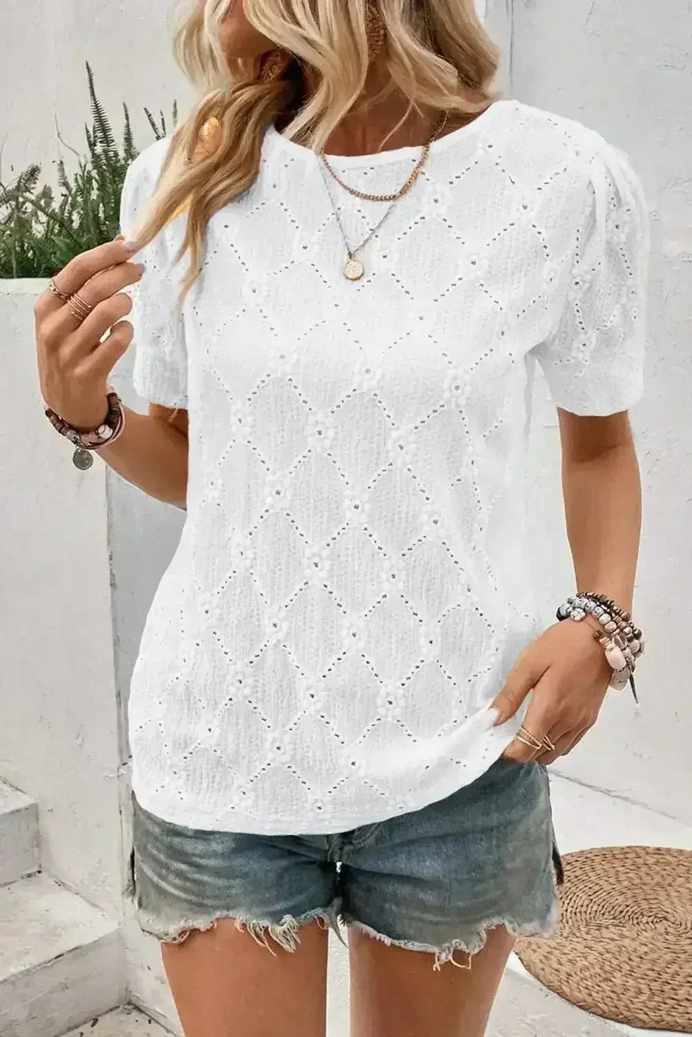 White Embroidered Floral Geometric Button Short Sleeve Top | Femstylo