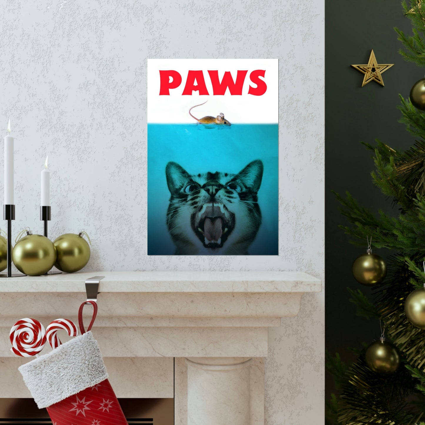 Poster with 'PAWS' text and a cat's face on a wall above a fireplace with Christmas decorations.