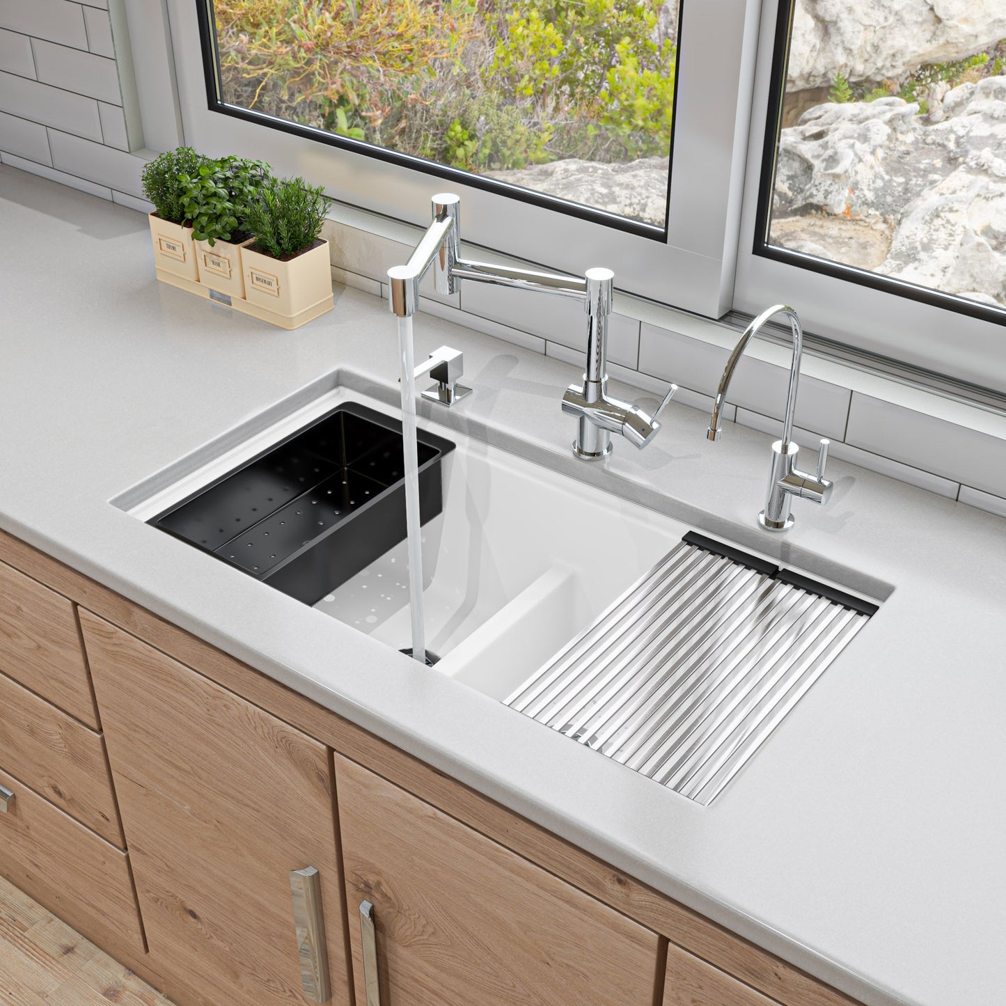 ALFI brand AB3418DBUM 33" Granite Composite Workstation Step Rim Double Bowl Undermount Sink with Accessories