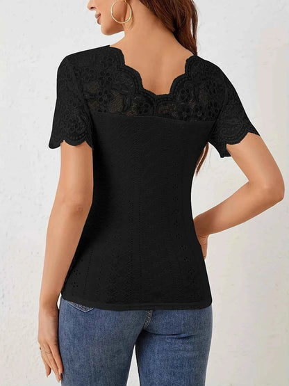 Lace Trim Eyelet Embroidered Summer T Shirt