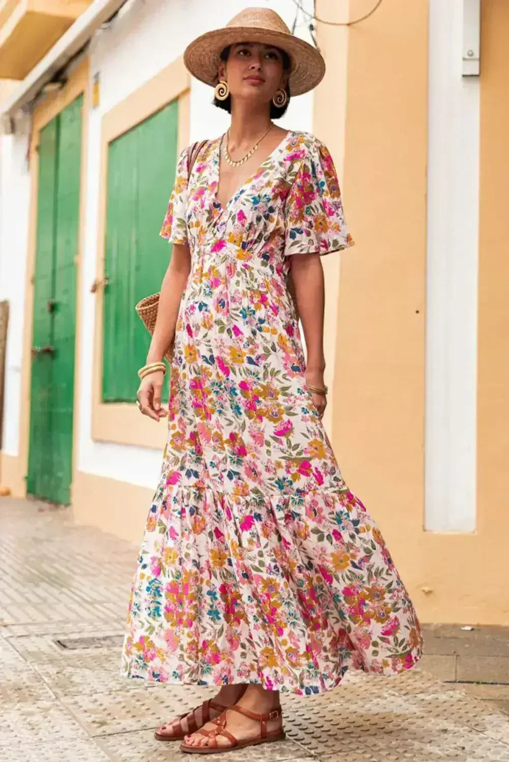 Red Floral Short Sleeve V Neck High Waist Maxi Dress