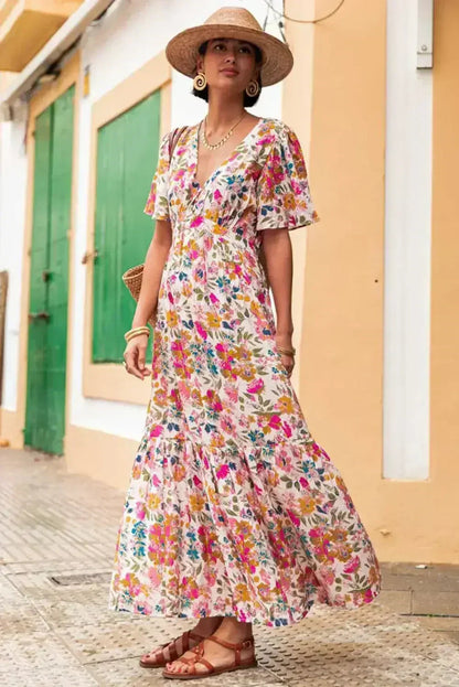 Red Floral Short Sleeve V Neck High Waist Maxi Dress