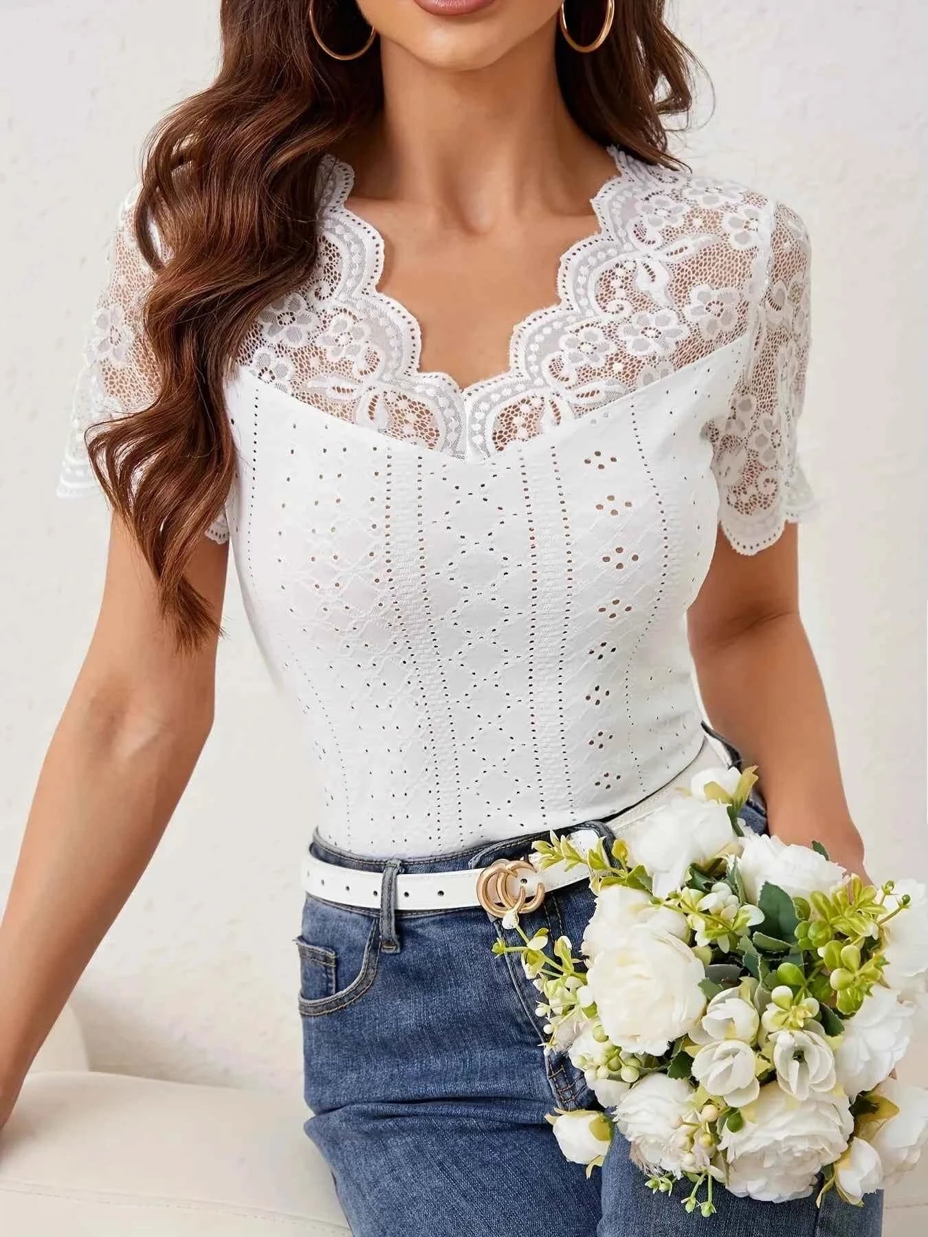 Lace Trim Eyelet Embroidered Summer T Shirt
