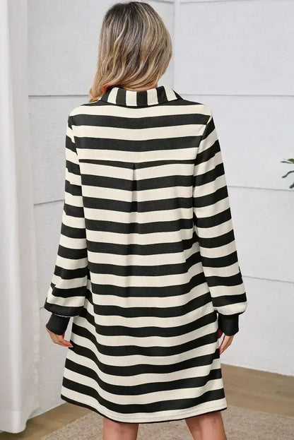 Pink Stripe Pocketed Collared V Neck Loose Fit Mini Dress