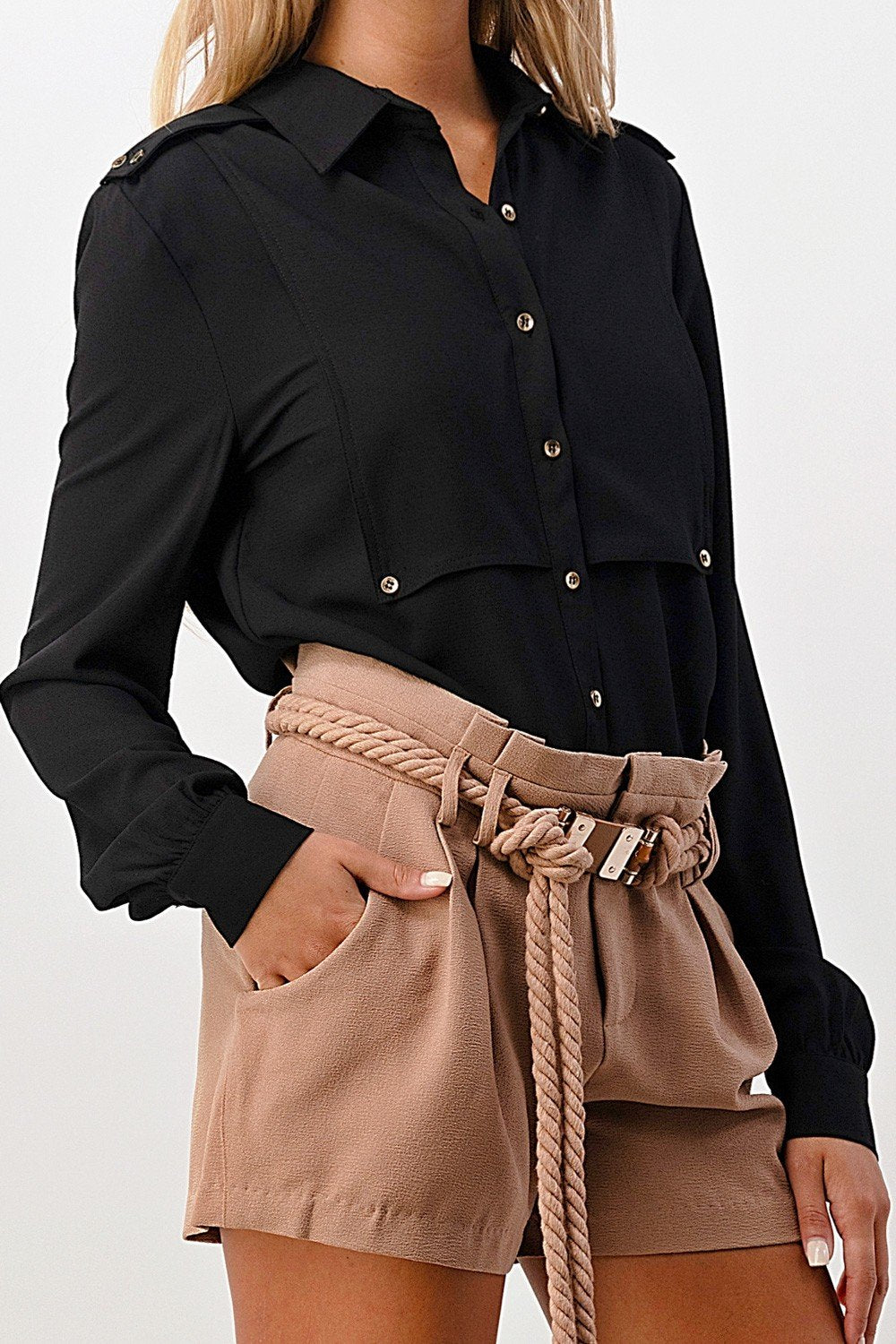Long Sleeve Button-Down Blouse with Gold Button Accents | Apparel | Kitchen + Metal