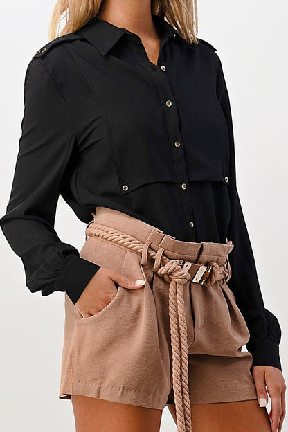 Long Sleeve Button-Down Blouse with Gold Button Accents | Apparel | Kitchen + Metal