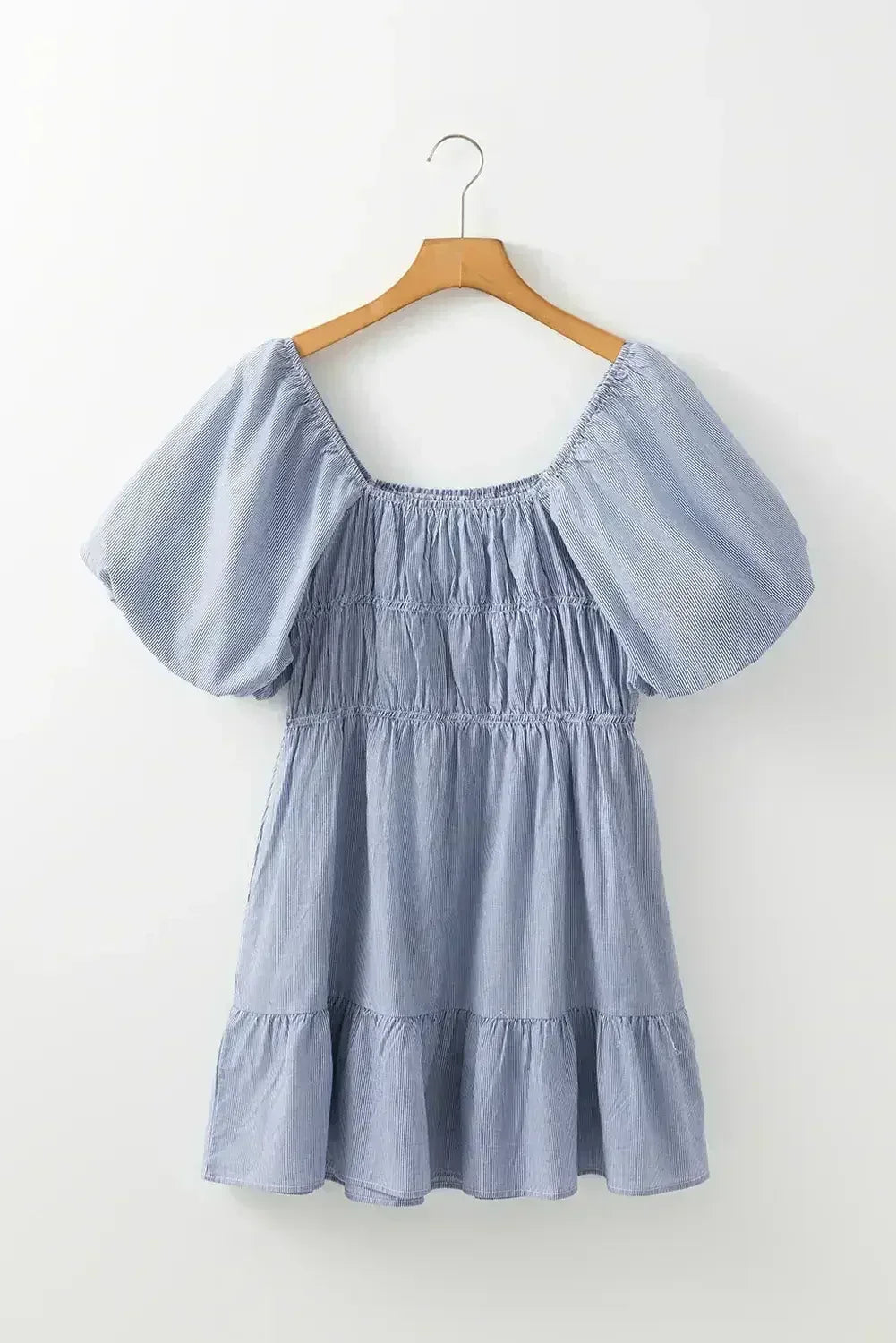 Sky Blue Stripe Bubble Sleeve Square Neck Ruched Pocket Babydoll Dress