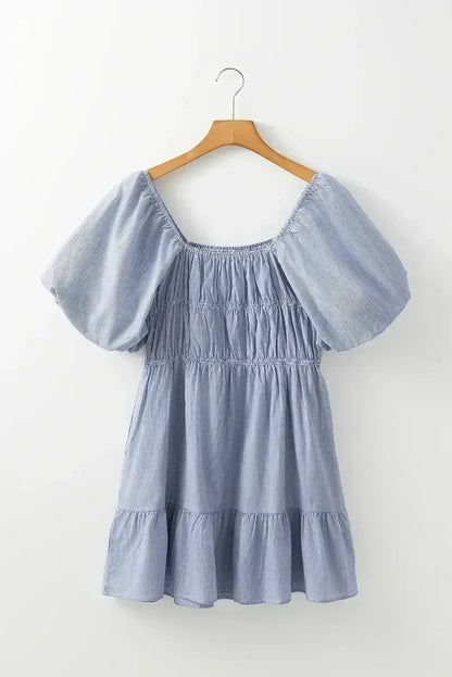 Sky Blue Stripe Bubble Sleeve Square Neck Ruched Pocket Babydoll Dress