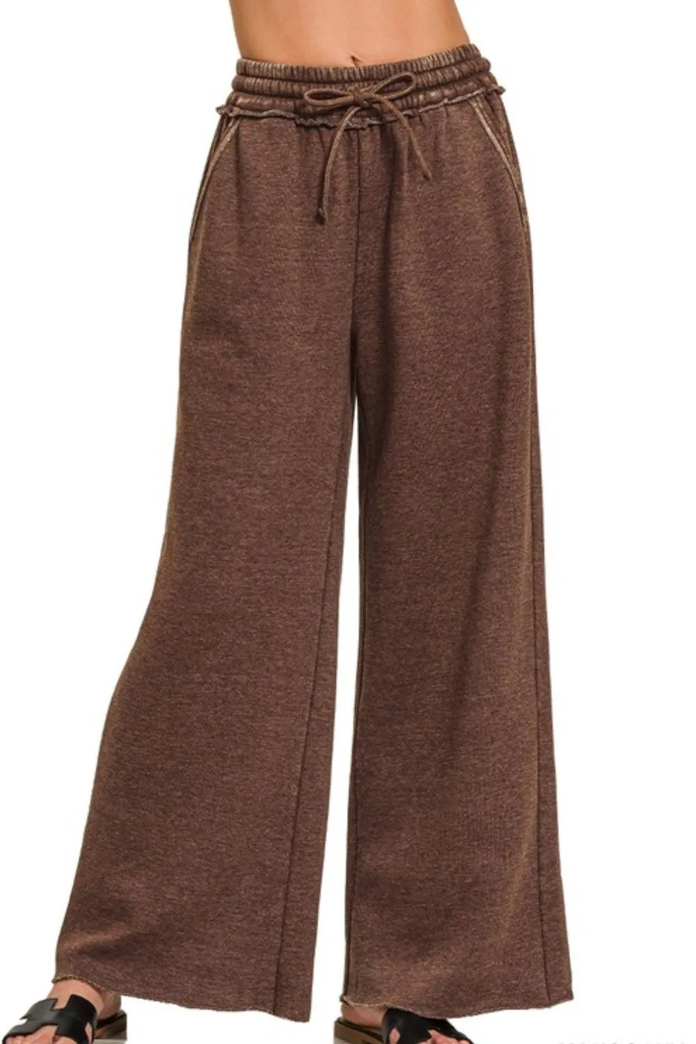 Zenana Acid Wash Fleece Palazzo Sweatpants with Pockets in Mahogany