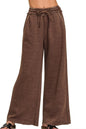 Zenana Acid Wash Fleece Palazzo Sweatpants with Pockets in Mahogany