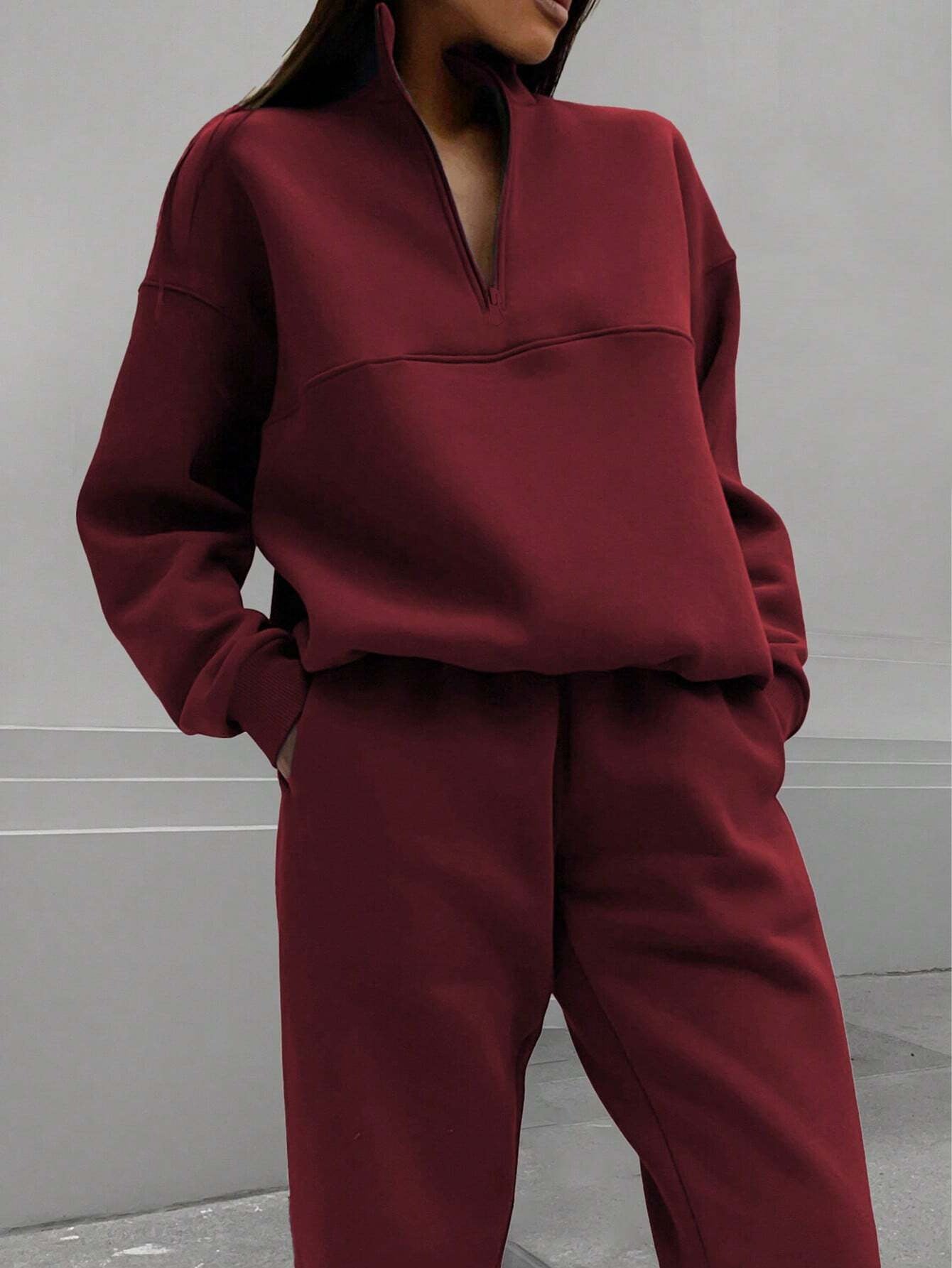 Long-sleeved Sports Sweatsuit Stand-up Collar Zip-up Top And Elastic Band Trousers With Pocket