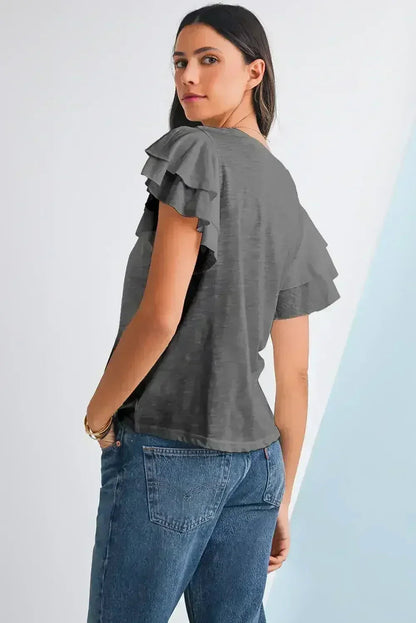 Dark Grey Ruffle Sleeve Plain Blouse | Femstylo
