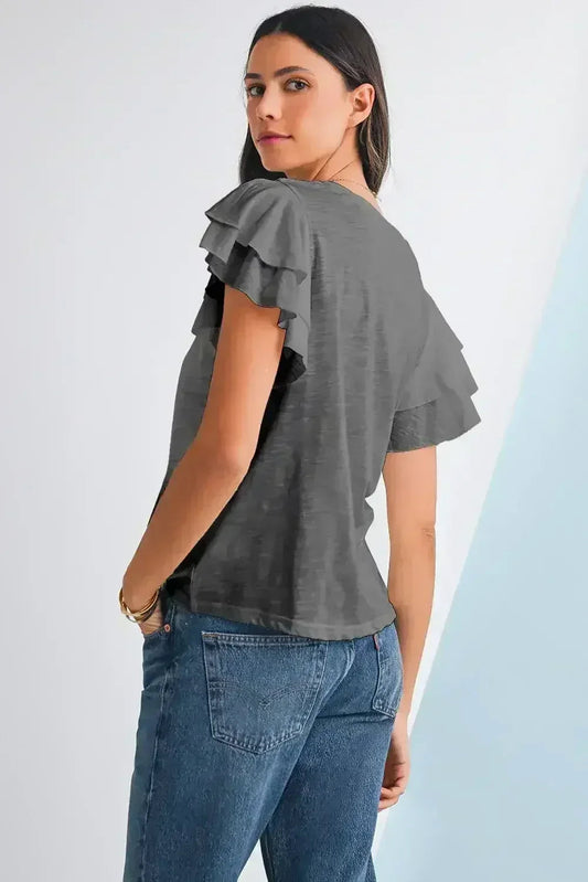 Dark Grey Ruffle Sleeve Plain Blouse | Femstylo