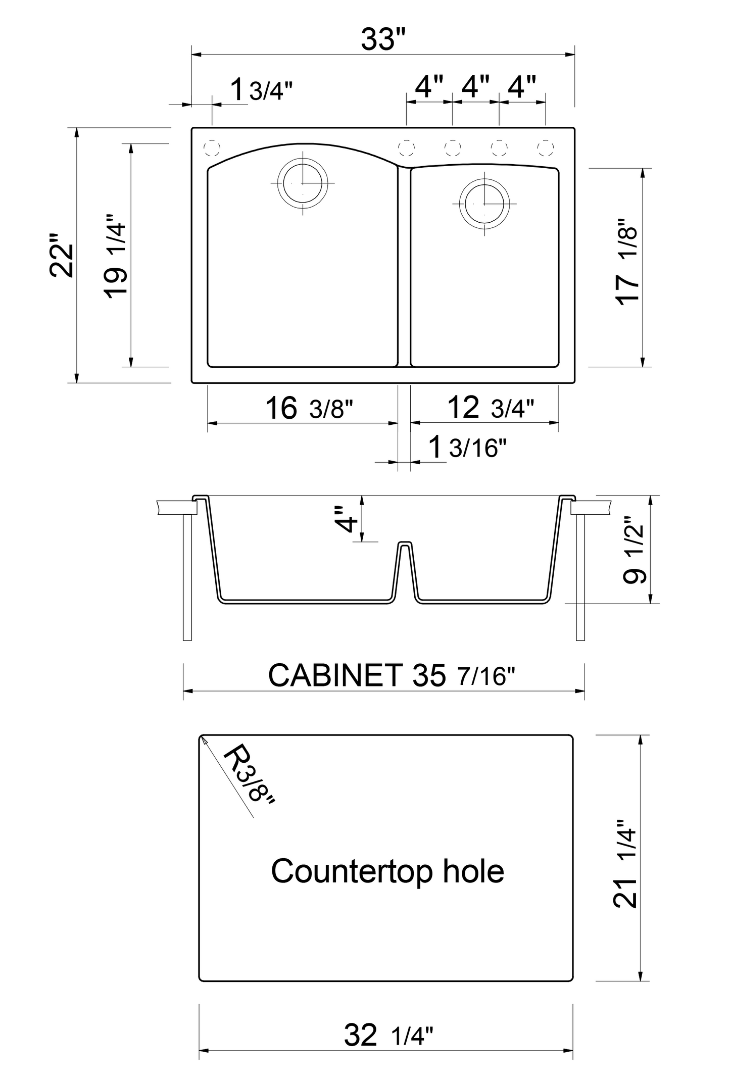 ALFI brand AB3320DI 33" Double Bowl Drop In Granite Composite Kitchen Sink