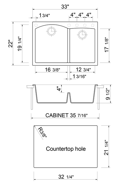 ALFI brand AB3320DI 33" Double Bowl Drop In Granite Composite Kitchen Sink