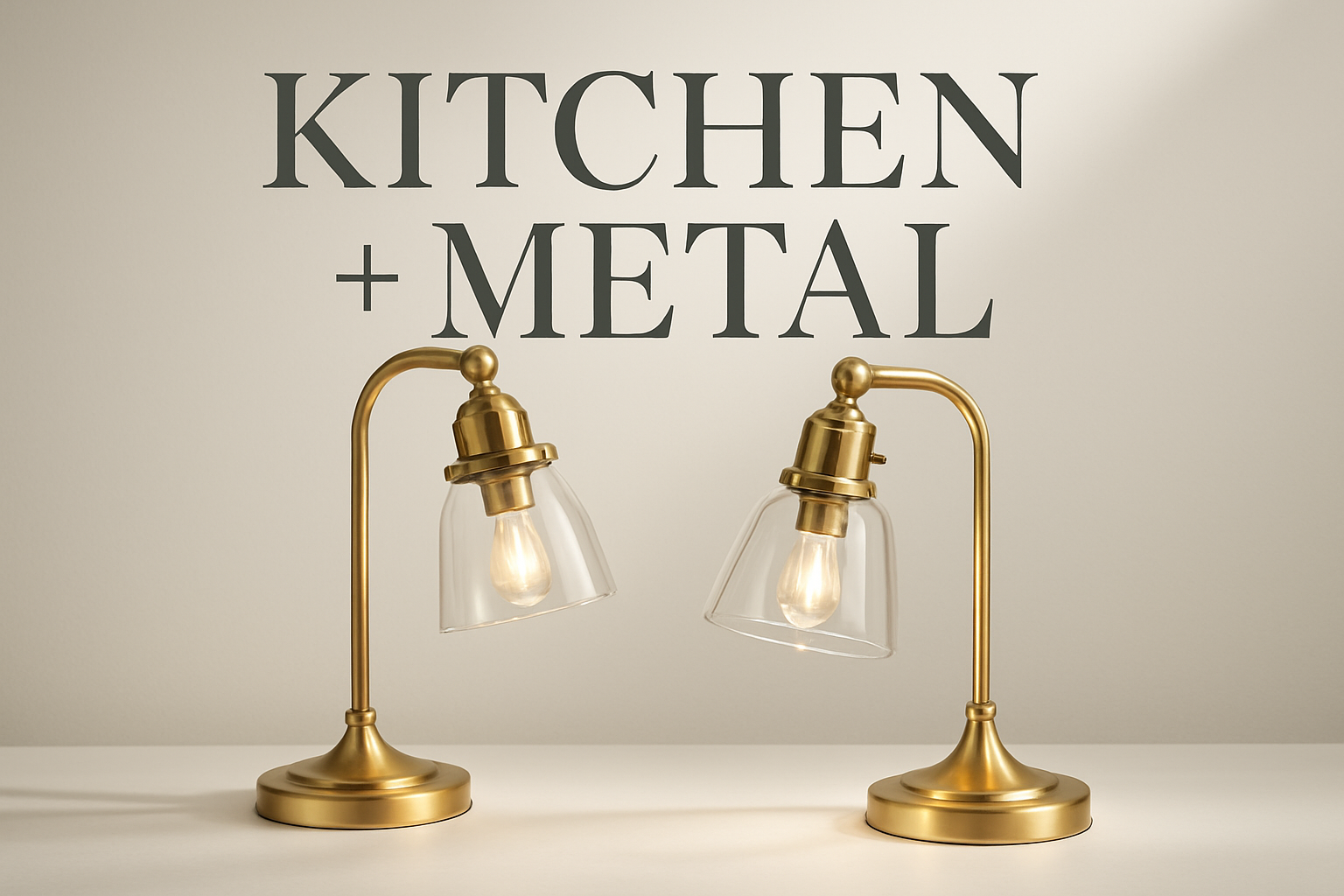 Elegant gold desk lamps with clear glass shades displayed against a background featuring the Kitchen + Metal logo in a sophisticated, modern font