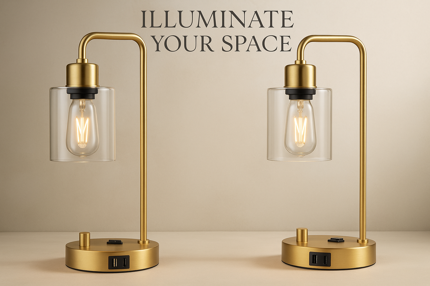 Elegant gold desk lamps with clear glass shades for Kitchen + Metal, featuring the text "Illuminate Your Space" in an elegant font against a clean background