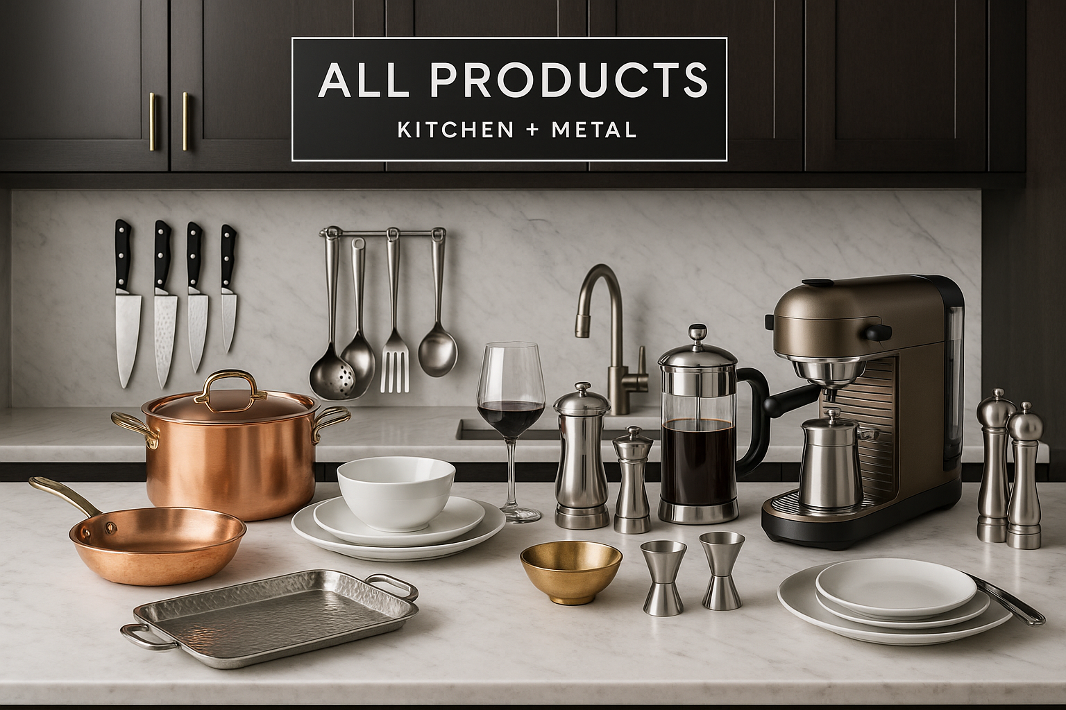 Elegant modern kitchen setting featuring a curated selection of premium kitchen products including copper cookware, chef's knives, metal utensils, and barware arranged naturally throughout a sophisticated kitchen with marble countertops