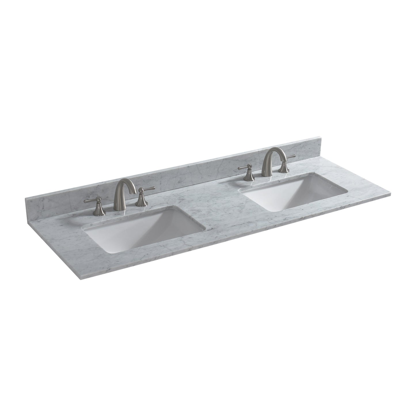 WOODBRIDGE 61" x 22" Vanity Top with Double Under Mount Rectangle Bowls, Carrara White Marble, Pre-drilled with 3-hole for 8-inch Widespread Faucet set up Option