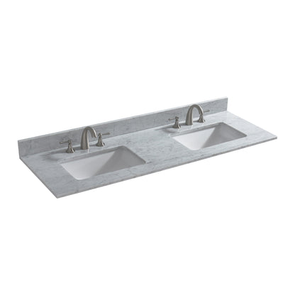 WOODBRIDGE 61" x 22" Vanity Top with Double Under Mount Rectangle Bowls, Carrara White Marble, Pre-drilled with 3-hole for 8-inch Widespread Faucet set up Option
