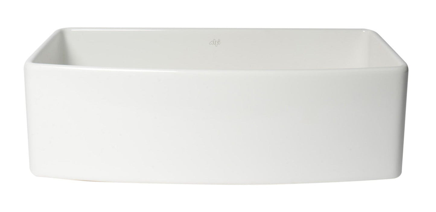 ALFI brand ABFC3320S ABFC3320S-W White Smooth Curved Apron 33" x 20" Single Bowl Fireclay Farm Sink with Grid