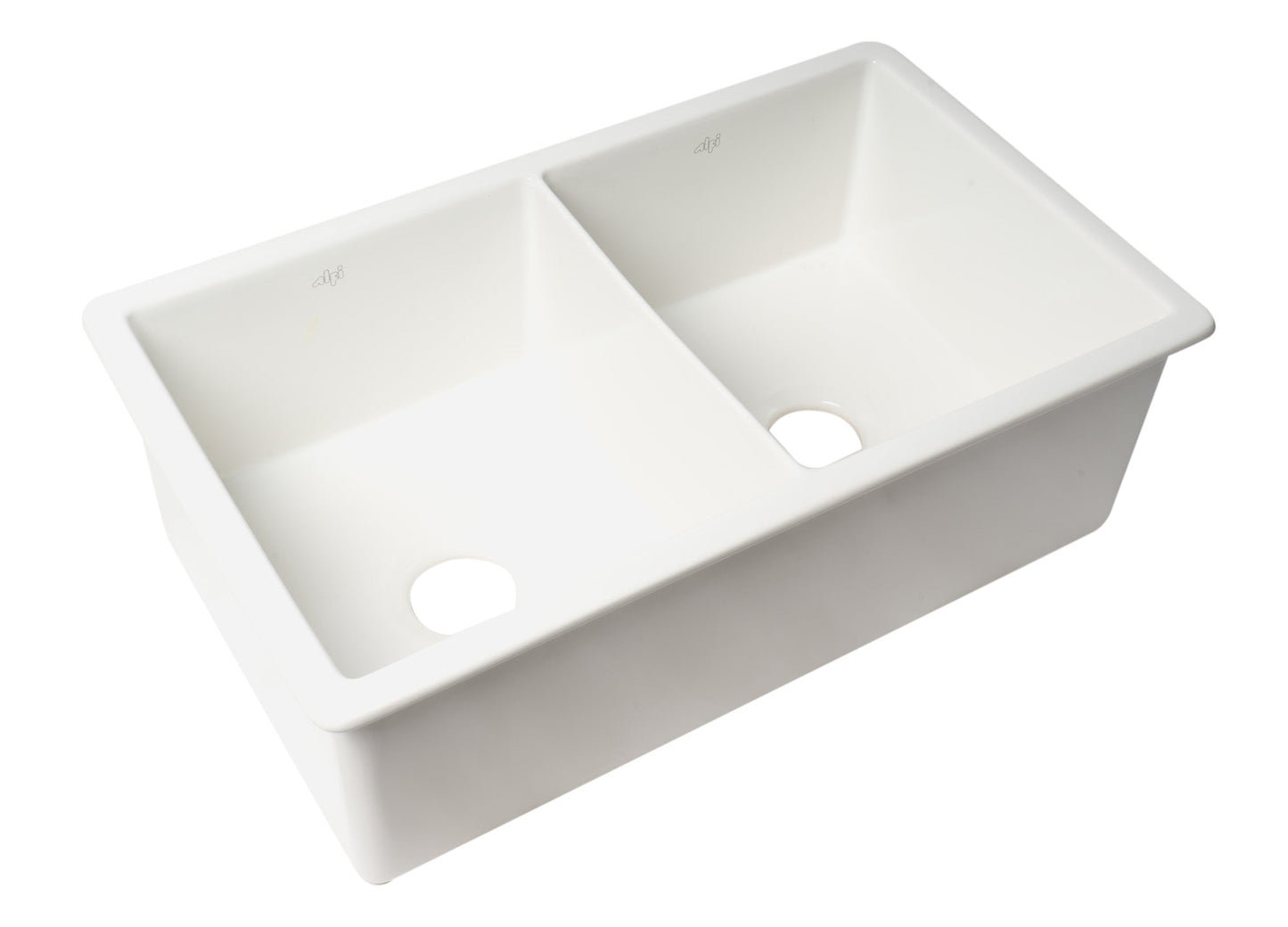 ALFI brand ABF3219DUD ABF3219DUD-W White 32" x 19" Double Bowl Fireclay Undermount / Drop In Kitchen Sink w Grid