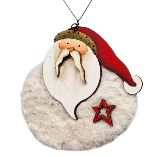 Fuzzy Wooden Santa Ornament - 4 Inches