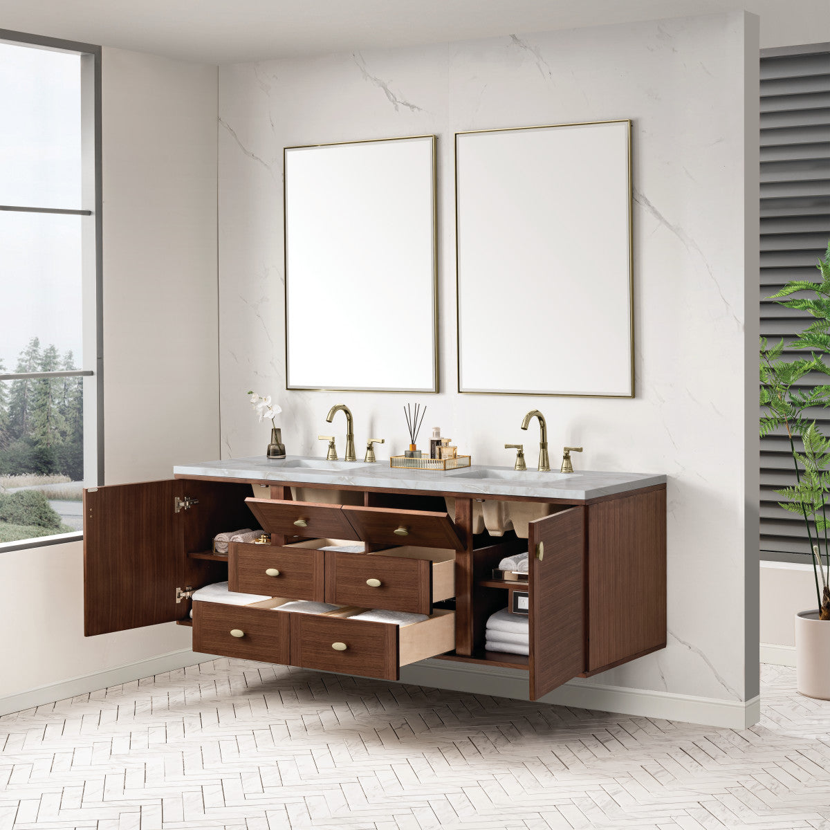 Amberly 72" Double Vanity Cabinet, Mid-Century Walnut