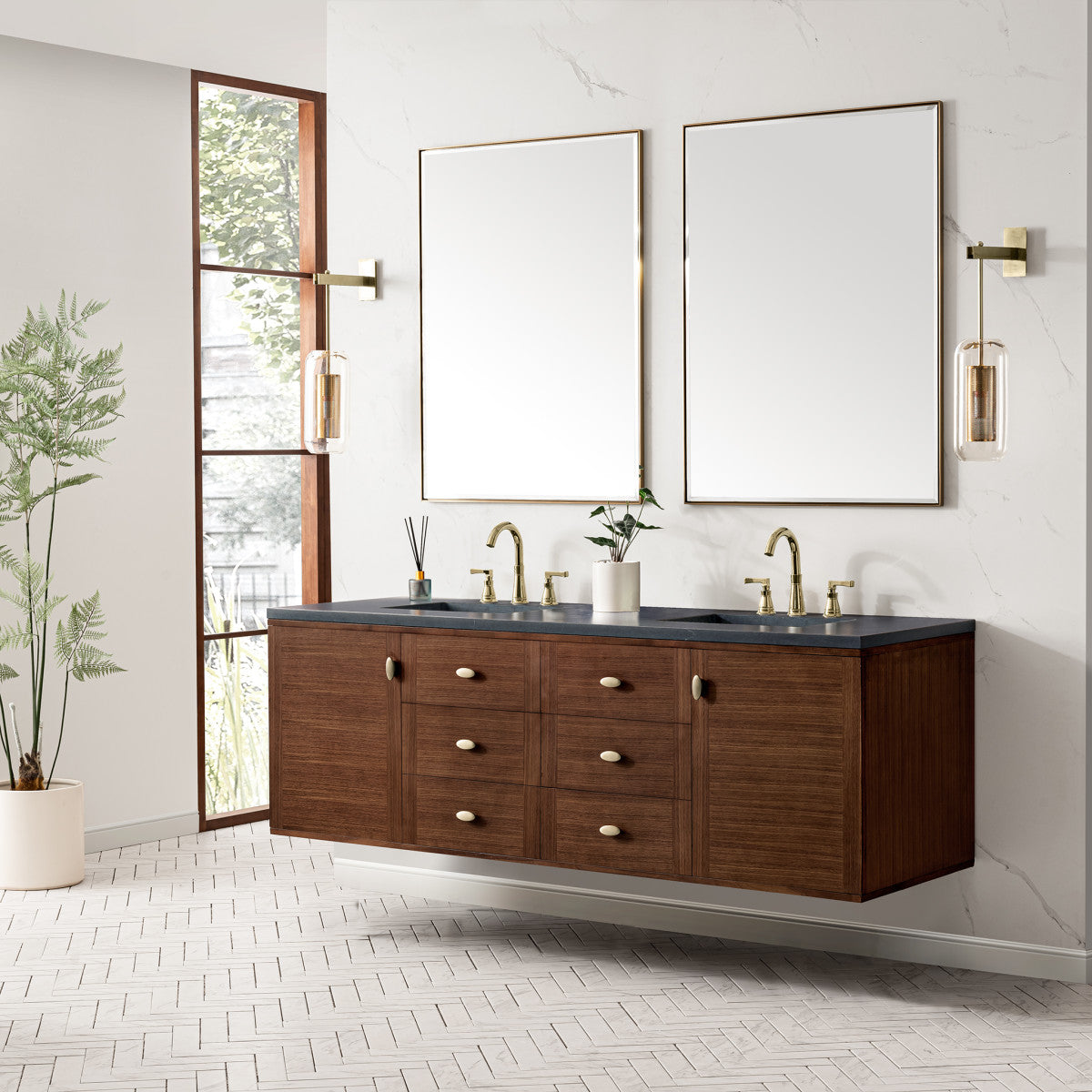 Amberly 72" Double Vanity Cabinet, Mid-Century Walnut