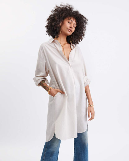 Essential Collar Shirt Dress - Beige and White Striped