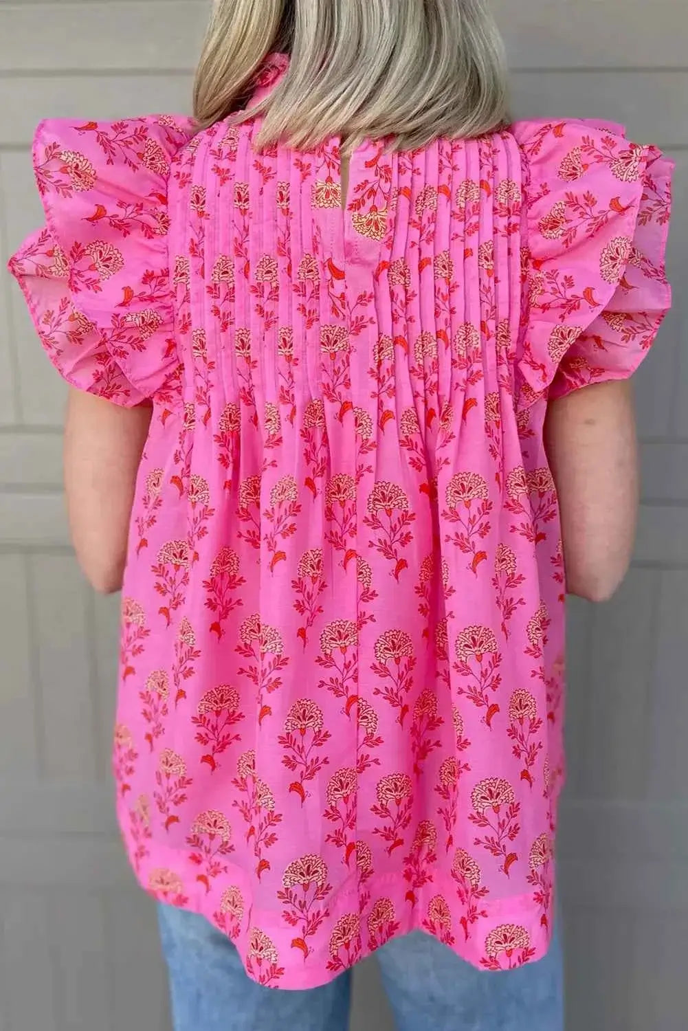 Ruffled Printed Mock Neck Cap Sleeve Blouse