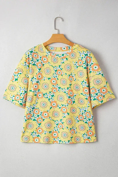 Yellow Summer Flower Print Drop Shoulder Loose T Shirt