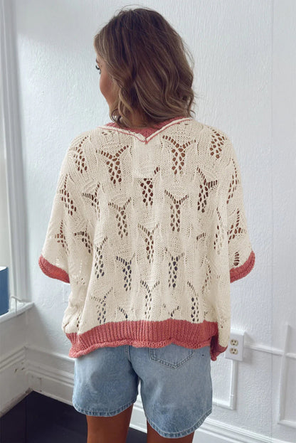 Delicacy Flowers Colorblock Edge Hollow Crochet Knit Top
