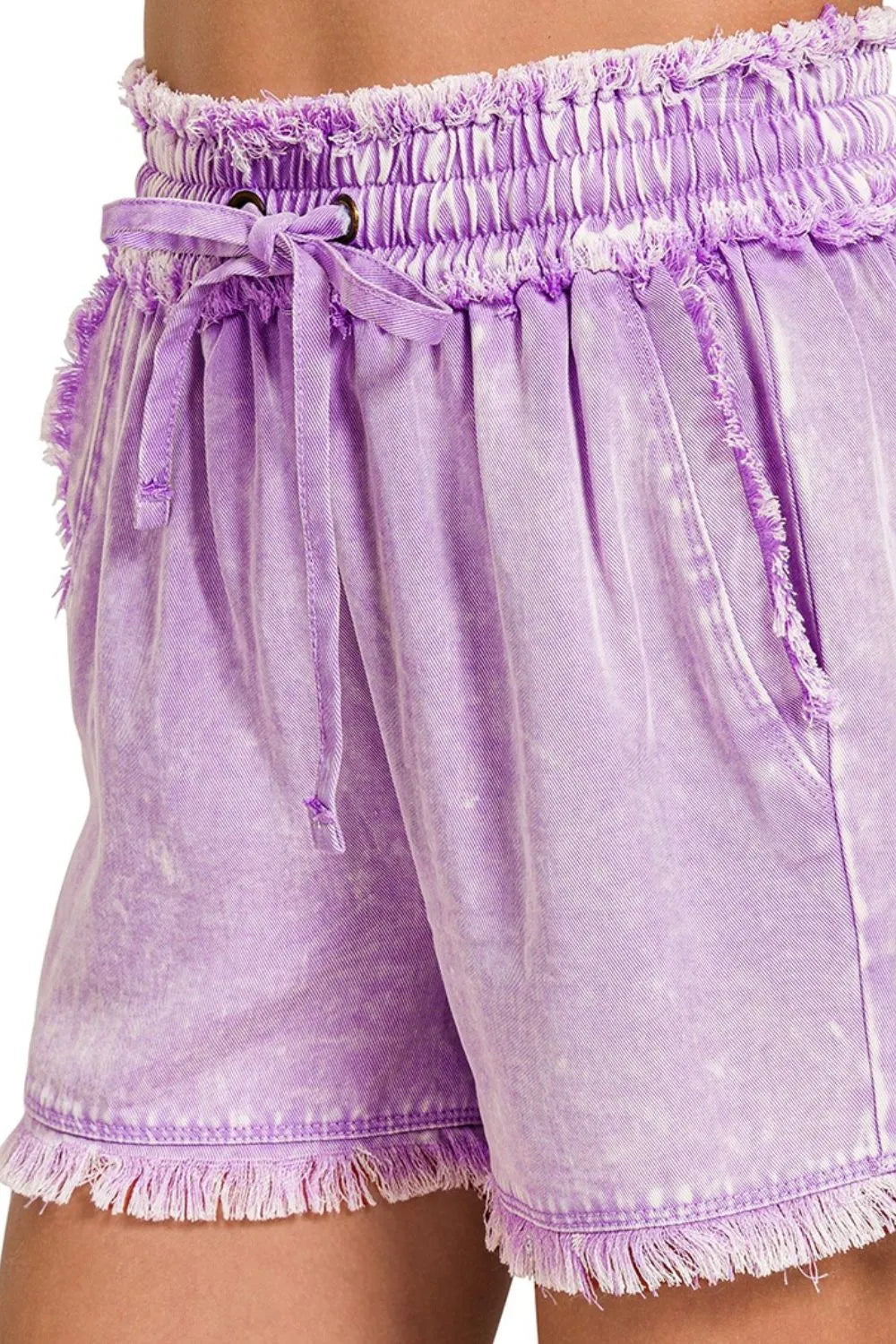 Zenana Mineral Frayed Hem Washed Shorts in Lavender