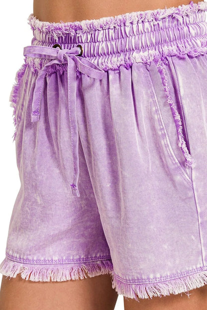 Zenana Mineral Frayed Hem Washed Shorts in Lavender