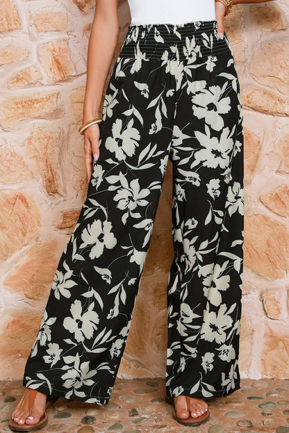 Blue Floral Smocked Frill Waist Wide Leg Pants