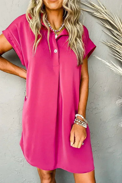 Rose Red Buttoned Collar Shift T Shirt Dress